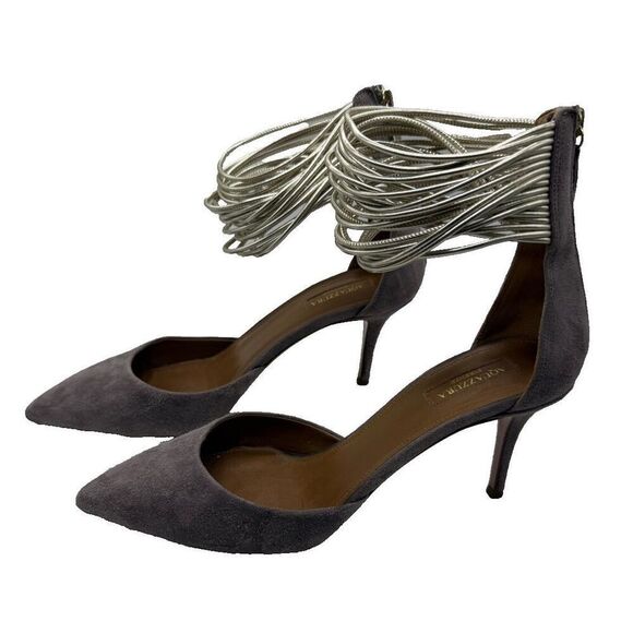 AQUAZZURA Gray Suede HELLO LOVER 75 Silver Metallic Ankle Strap‎ Pumps Size 40 - Picture 1 of 9